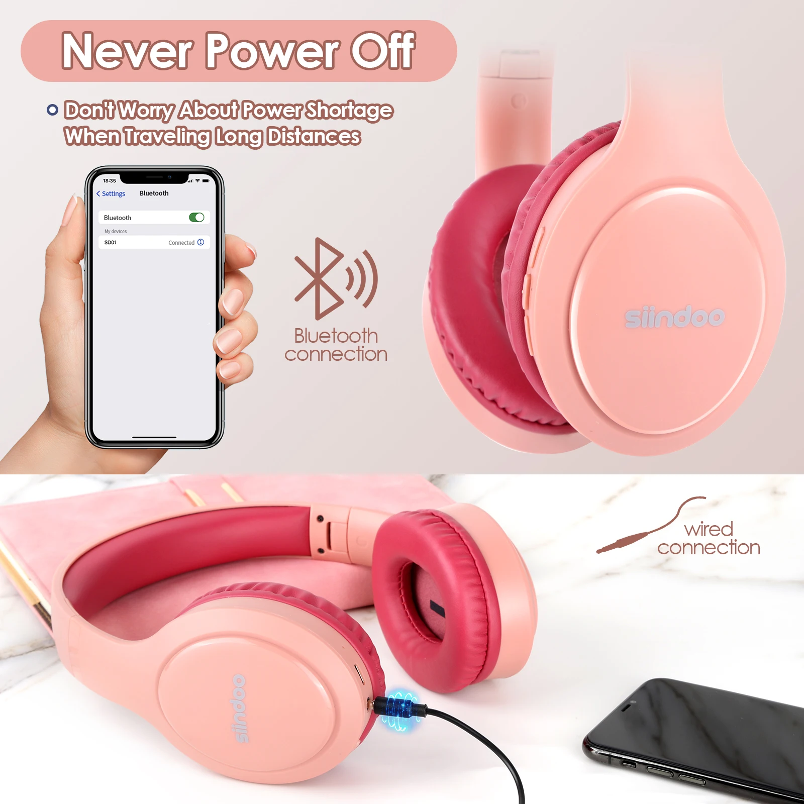 Siindoo JH-919 Wireless Bluetooth Headphones Pink Foldable Stereo - Main Image