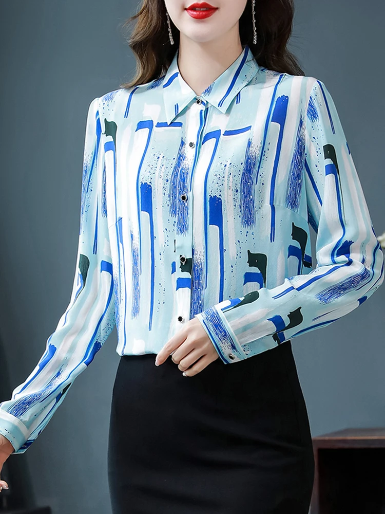 QoerliN 2022Autumn Elegant Fashion Button Up Silk Shirt Vintage Blouse Women OL Style Lady Long Sleeves Female Loose POLO Shirts