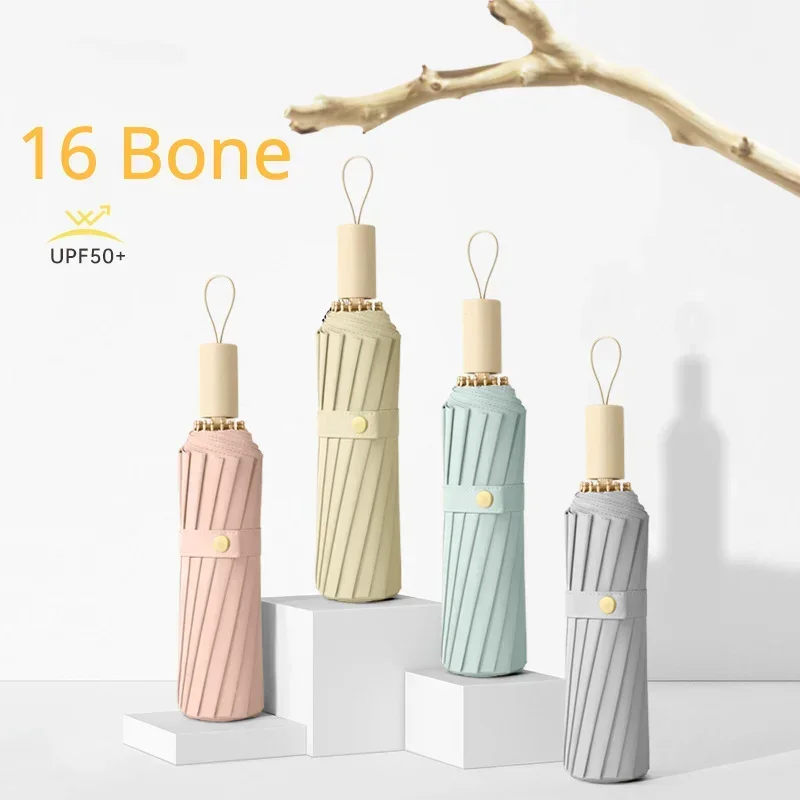 Solid Color UV Umbrella for Women, Sun UV UPF50 + Protection, Large 16 Bone 3 Folding Windproof Rain Umbrellas