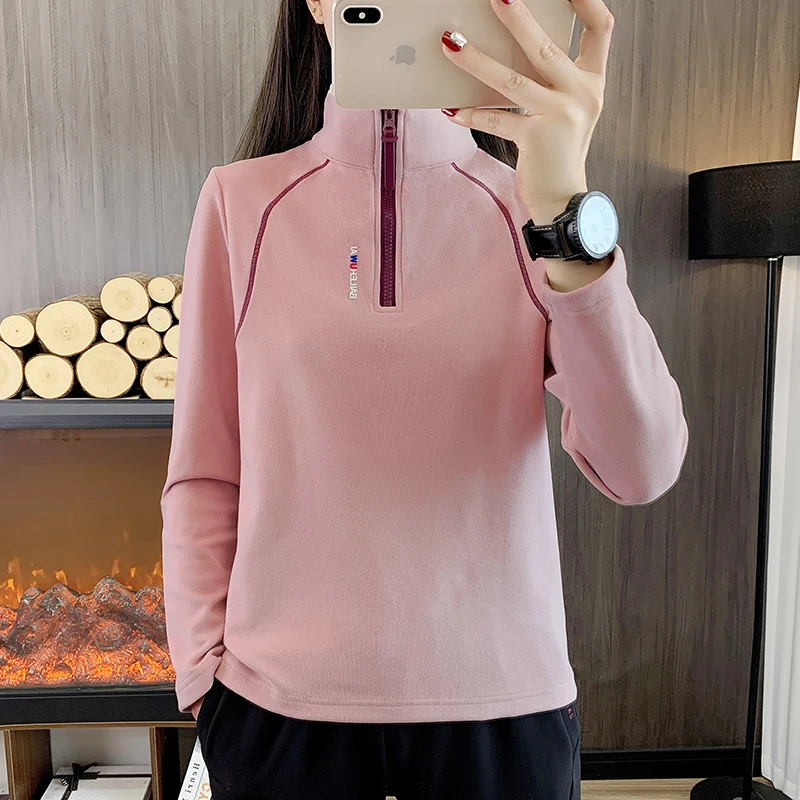 여성용 야외 양털 두꺼운 탑 스탠드 업 칼라 탑 여성용 따뜻한 긴팔 셔츠 스웨터 가을 하이킹 편안함