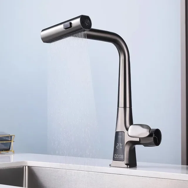 ก๊อกน้ําห้องครัวสมาร์ทดิจิตอลจอแสดงผลห้องครัวดึงออกก๊อกน้ํามัลติฟังก์ชั่ดึงออกอ่างล้างจานอ่างผักก๊อกน้ําห้องครัว 1