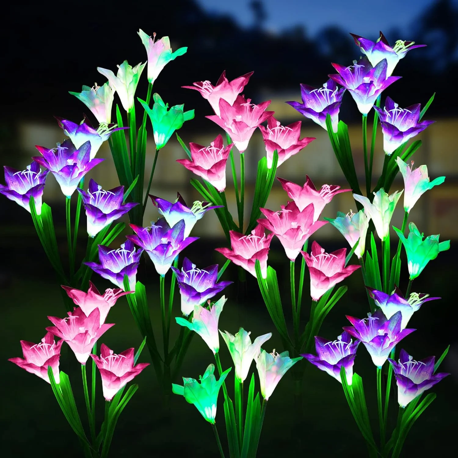 Outdoor Solar Lights 2Pack Solar Garden Lamp with Bigger Lily Flowers Waterproof 7Color Changing Lights Patio Yard Garden Decor 2