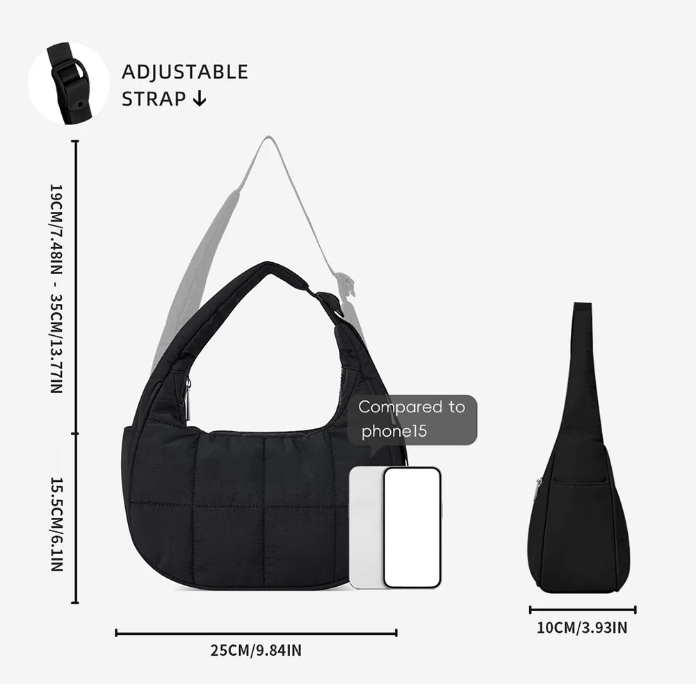 Puffer Crescent Bag for Women Quilted Shoulder Bag Nylon Adjustable Strap Underarm Bag Zipper Handbag for Work Travel