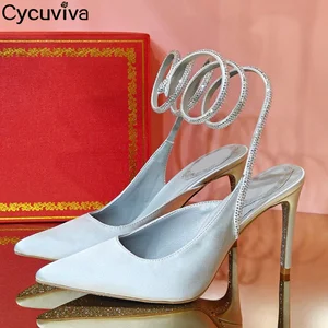 Women Snake Shape Circle High Heel Party Shoes Sexy Satin Point Toe Stilettos Crystal Narrow Band Gladiator Sandals