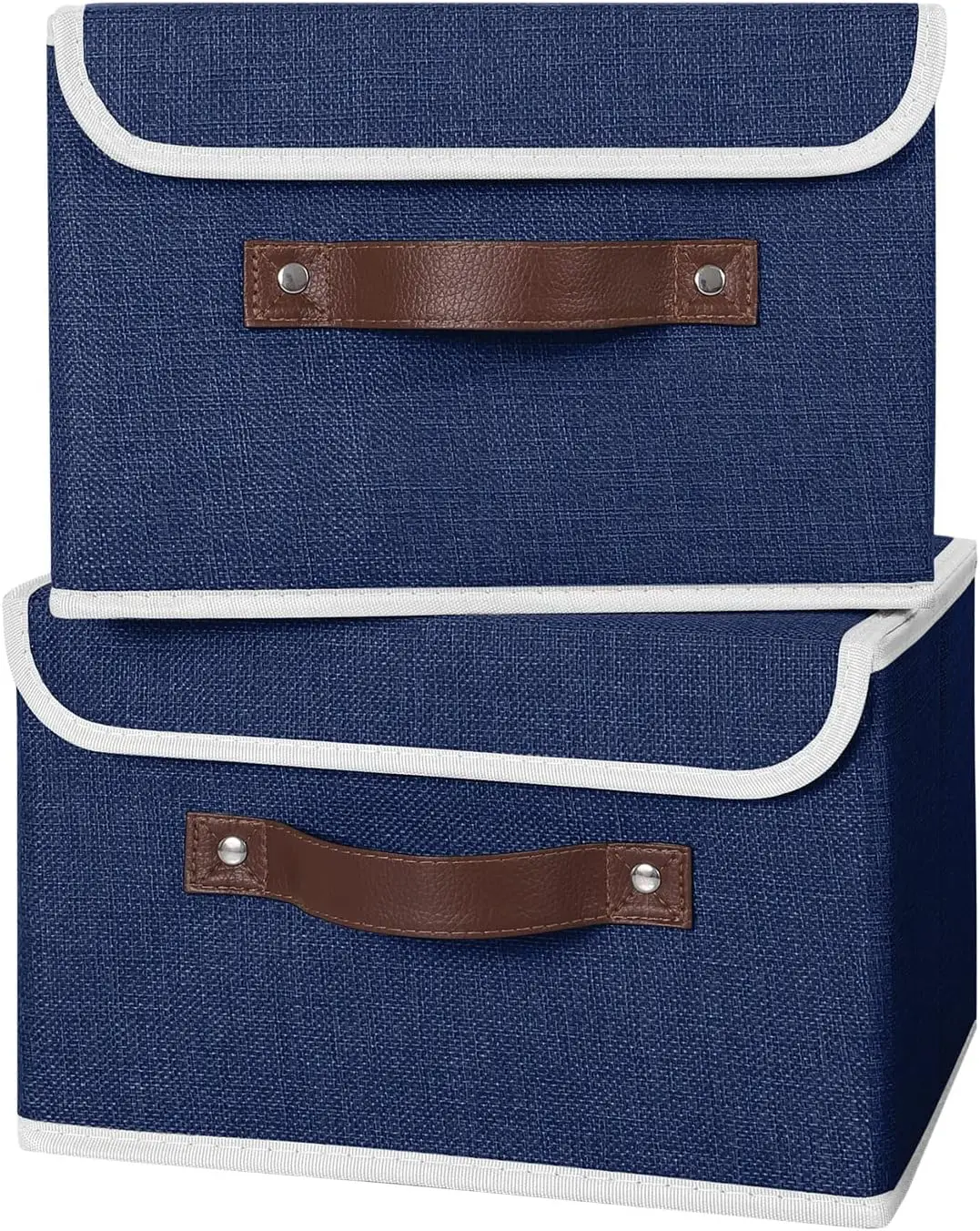 4PCS Storage Bins with Lid PU Leather Handles Storage Boxes PP Plastic Board Decorative Foldable Lidded Cotton Linen Fabric Home 5