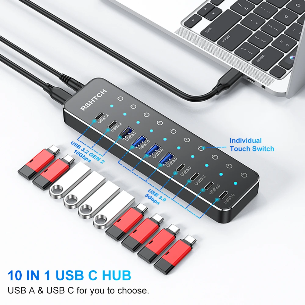 RSHTECH 10 In 1 USB C Hub 10Gbps USB-C With Individual Touch Switches Multiport Splitter Docking Station For MacBook_voghion.com