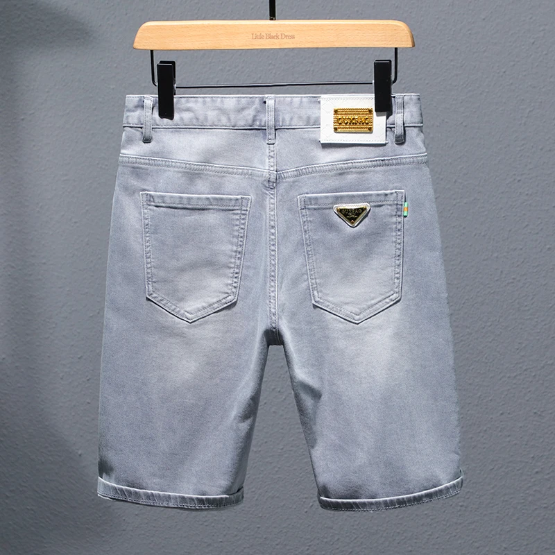 

Summer Thin Light Gray Stretch Denim Shorts Men's Fashion Brand Loose Straight Ruffle Handsome Street Casual Cropped Pants