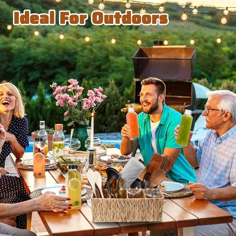 Party Wicker Cutlery Rack with Handle Woven Split Picnic Basket Outdoor Party Essentials (5 Compartments) Convenient Practical