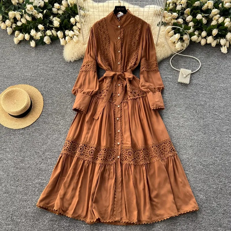 Sweet Lace Spliced Pearl Single Breasted Stand Collar Lantern Sleeve Dress  French Party Elegant Summer Sexy Slim Women Dresses - AliExpress 200000345