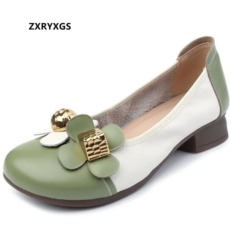 

ZXRYXGS High Quality Soft Cowhide Flowers Women Fashionable Shoes Comfortable Low Heel Shoe 2022 Big Size Spell Color Tide Shoes