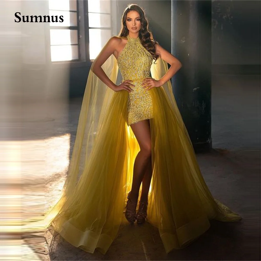 green evening dress Sumnus Golden Straight Halter Prom Dress Straight Long Tulle Train Party Evening Gowns Customize Open Back Homecoming Dresses sexy evening dresses