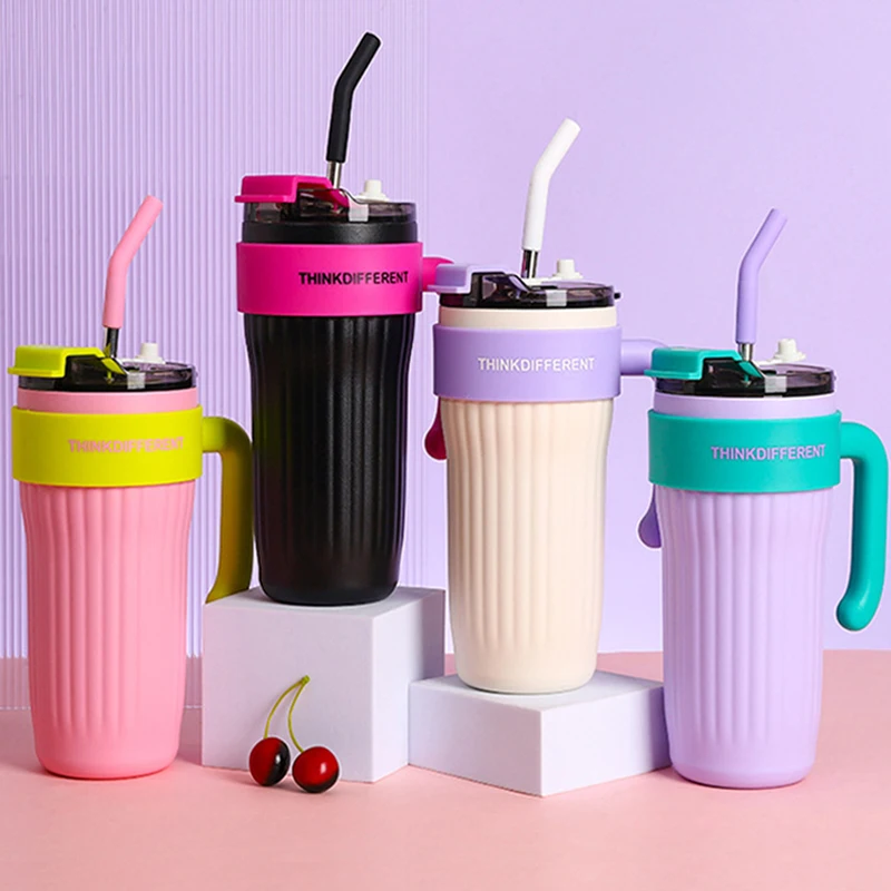 860ml Large Capacity Coffee Cup with Handle Straw Thermos Cup Girl