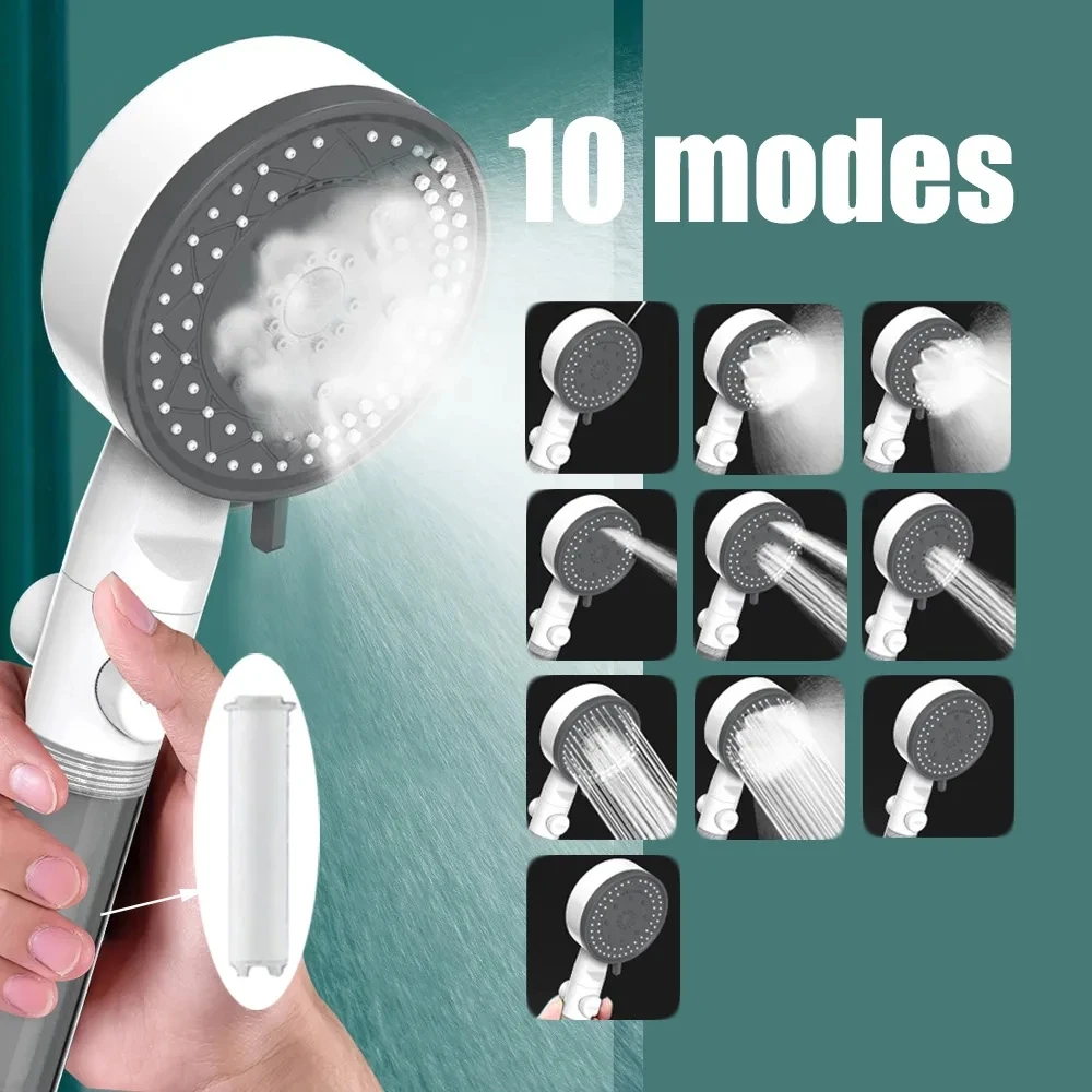 

10 Modes High Pressure Shower Head Adjustable Filtered ShowerHead One Key Stop Water Handheld Spray Nozzle Bathroom Accessories