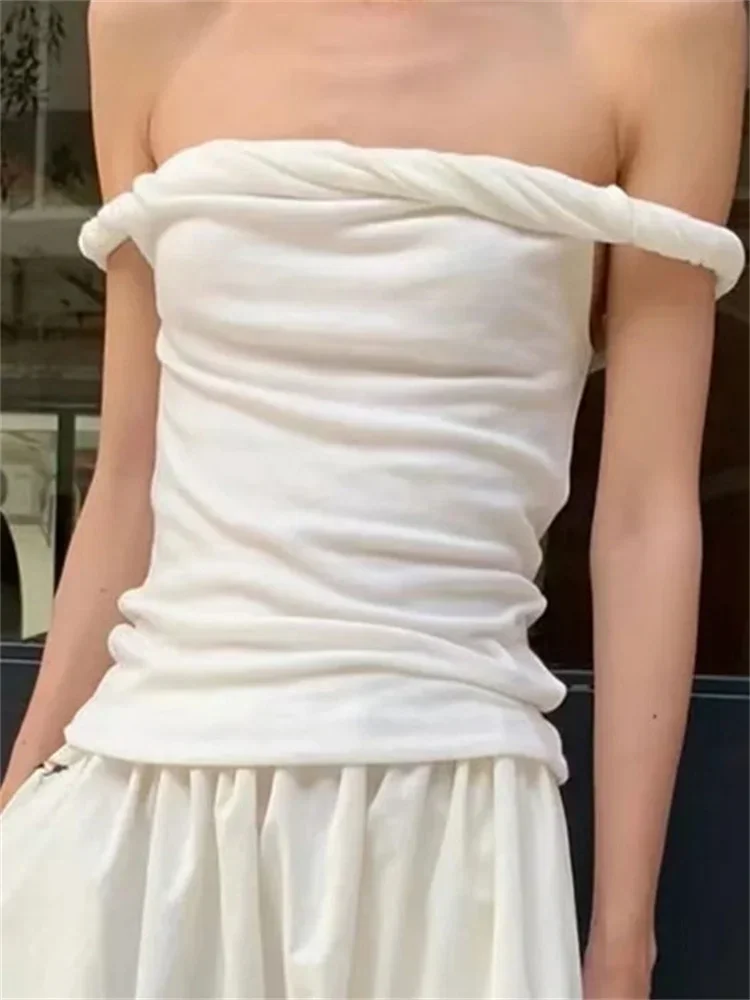 2024 Twist Off-Spalla Slim T-Shirt Solid Patchwork Elegante Backless Top Da Donna Y2K Top Pieghettato Casual Senza Spalline Pullover Tee