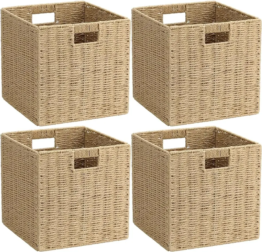 

11.8 "paper rope storage basket, collapsible hand-woven wicker storage cube for organizing shelves, storage room bedroom 4 packs