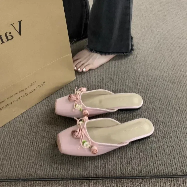 Designer 2024 Summer Square Toe Women Mules Slippers Fashion Slip On Slides Shoes Ladies Elegant Outdoor Flats Sandalias Shoes 2