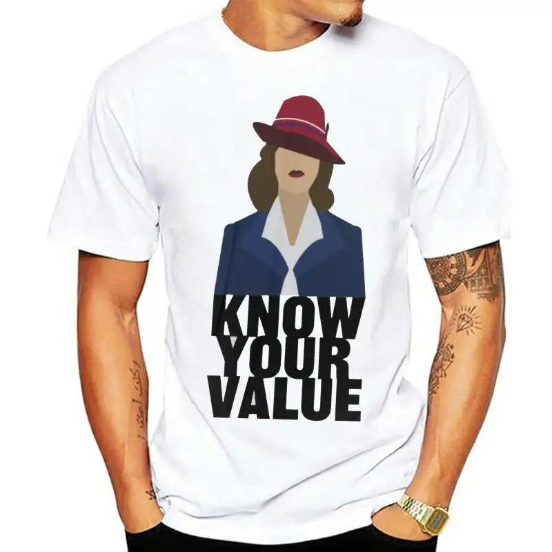 Футболка Peggy Carter с надписью «знай свою ценность», футболка с принтом Картера, забавная футболка с коротким рукавом, Мужская большая футболка