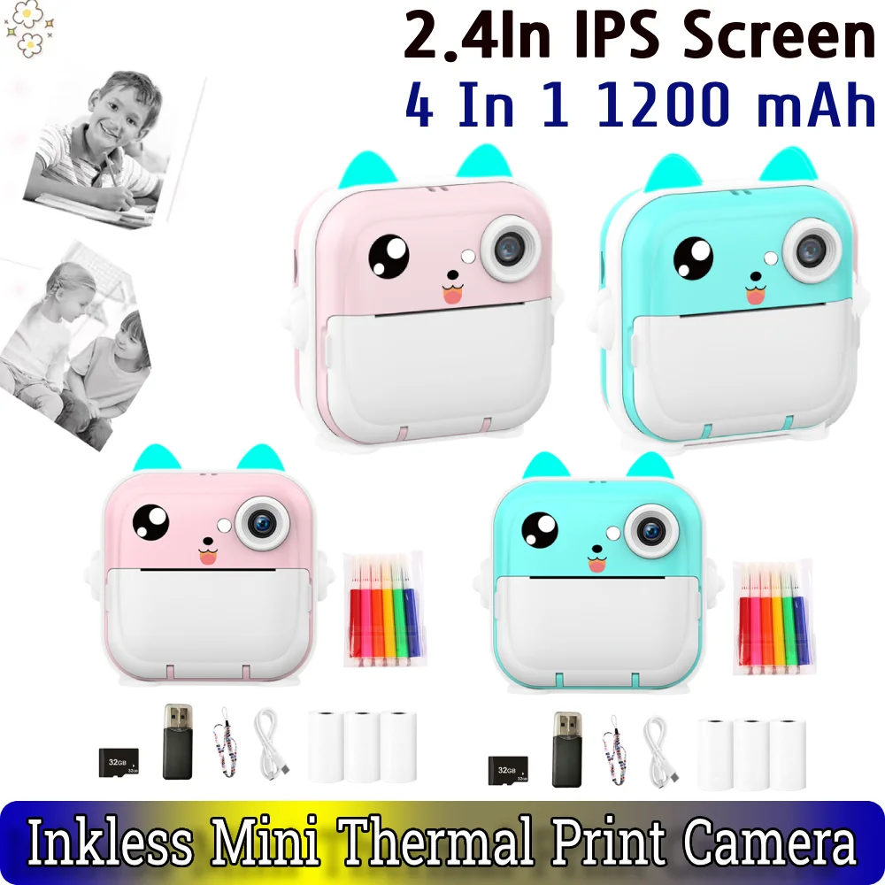 귀여운 디지털 카메라 4 in 1 1200mAh 2.4인치 IPS 스크린 USB 충전식 IPS 스크린 감열 프린트 카메라