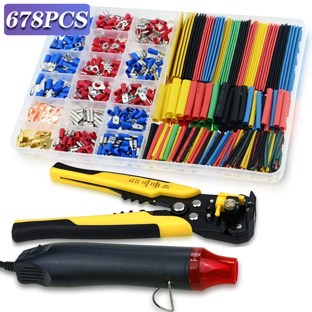Heat Shrink Tube Sleeving Grupo Terminais de Fio Elétrico do Carro Garfo de Anel Isolado Talões Crimp Laminado com Alicate 678 Pcs