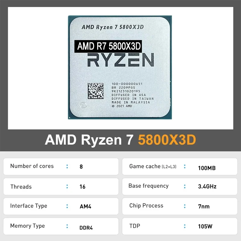 Amd Nuovo Ryzen 7 5800 X3D R7 5800 X3D 3.4Ghz 8 Core 16 Thread Processore Cpu 7Nm L3 = 96M 100-000000651 Amd Am4 Gaming Processador