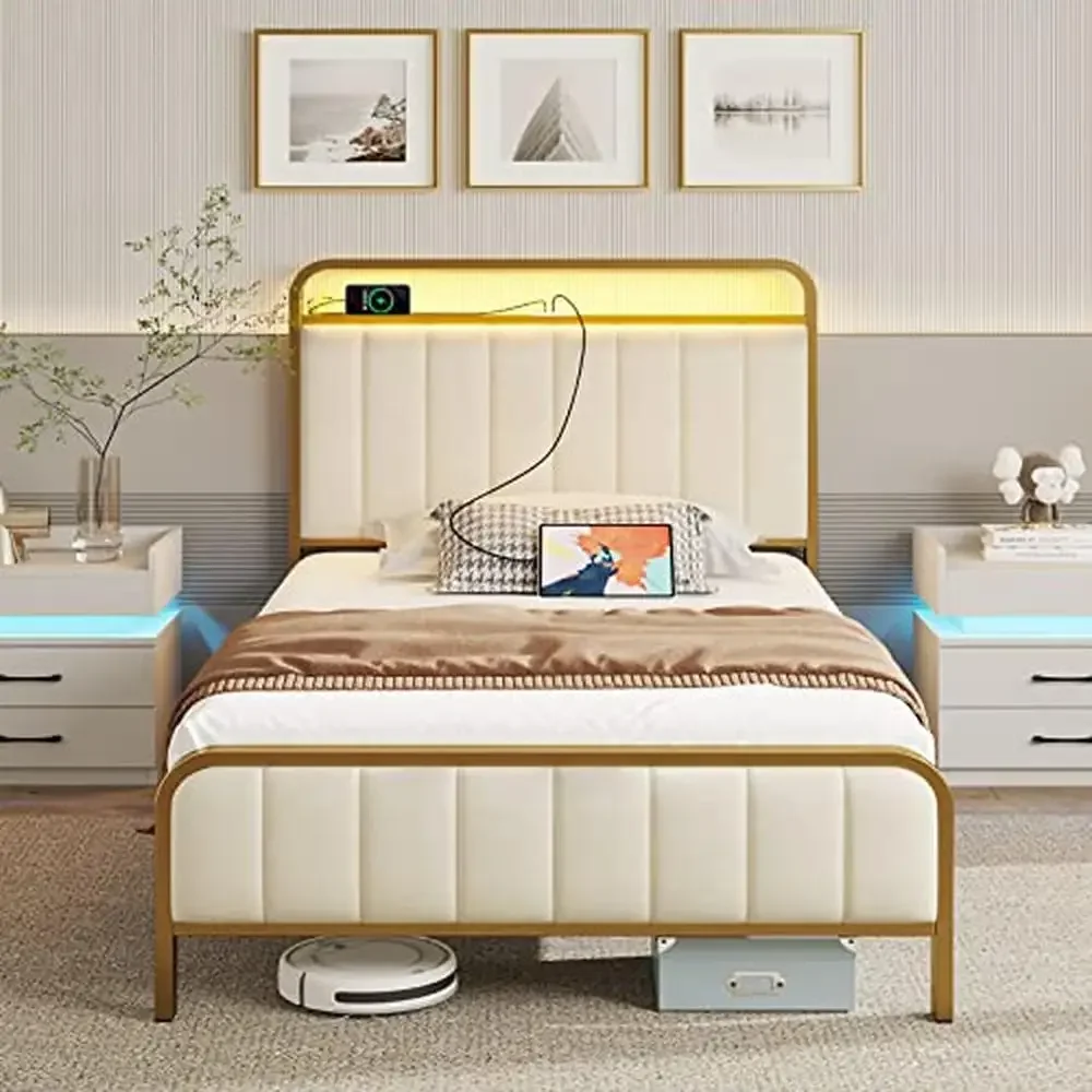 Twin Size Bed Frame with LED Light Charging Station Upholstered Headboard Footboard Metal Slat Noise-Free Easy Assembly USB Port