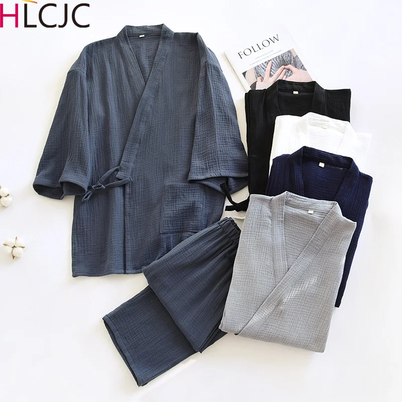 Men's Cotton Pajamas Bathrobes Sleepwear Sets with Tops and Pants
