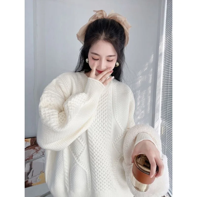 

Lazy soft waxy retro o neck sweater pullover women autumn and winter fried dough twist knitwear loose long sleeve sweater top