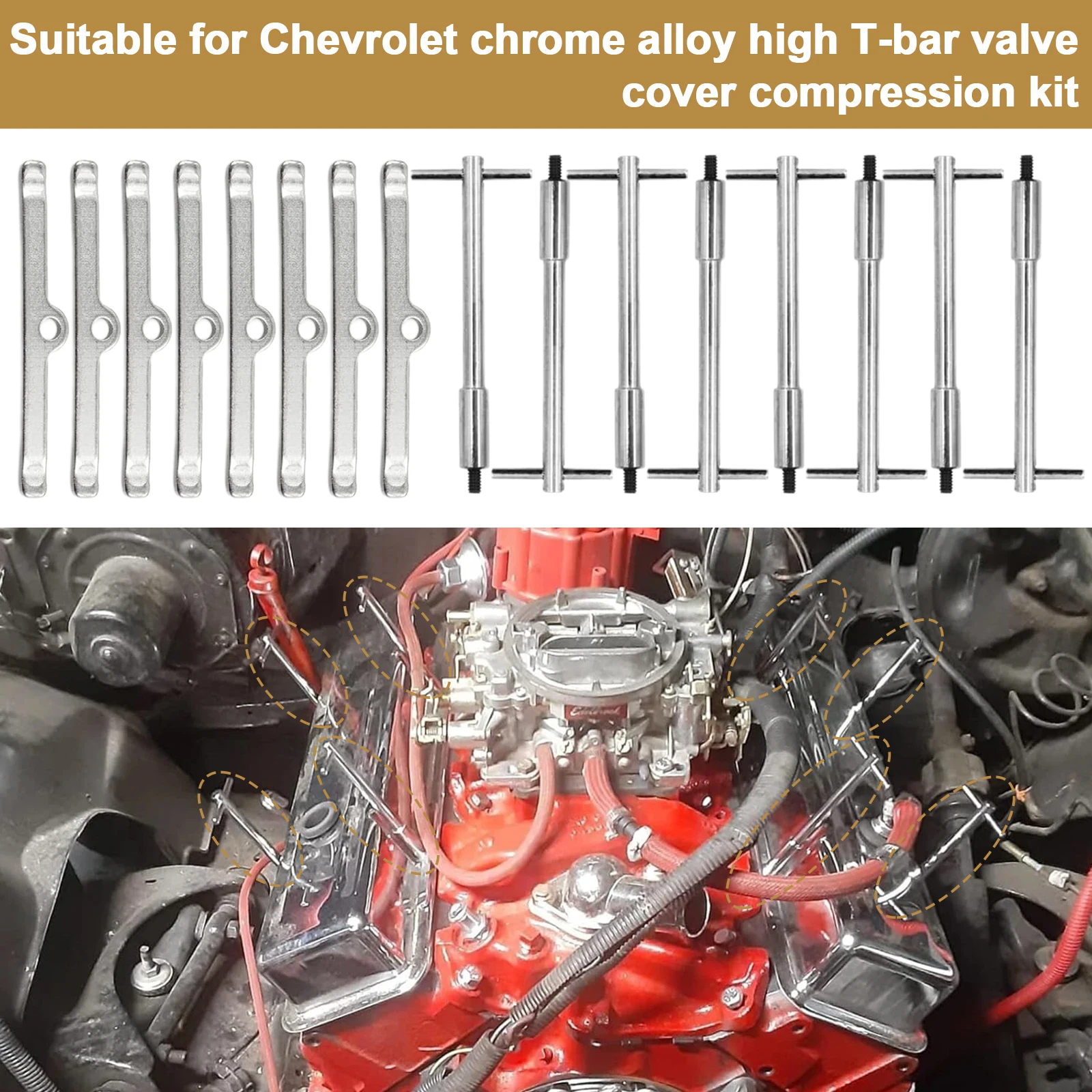 Chrome Tall T-Bar Valve Cover Hold Down Set Valve Cover T-Bar Set T-Bar Valve Cover Center Bolts for Chevy SBC 283 327 350
