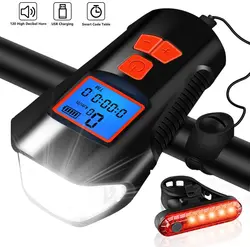USB Rechargeable Bike Light Set with Horn and Speedometer Odometer (Red)