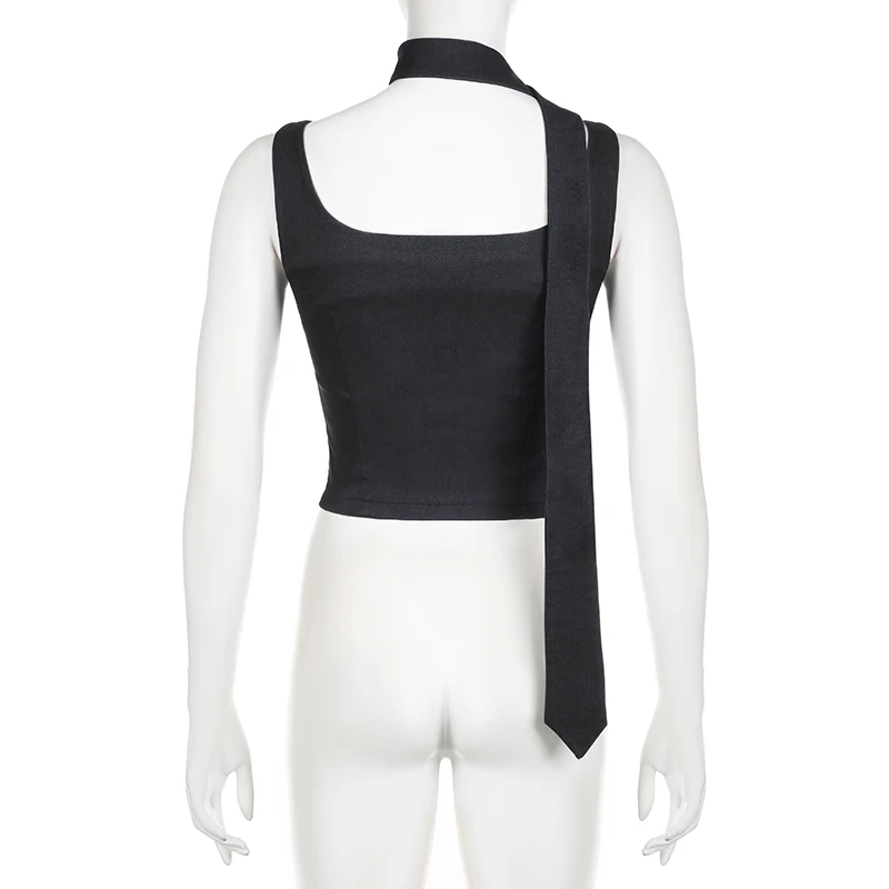 Women Tank Top with Scarf Fashion Basic Sleeveless Button Up Vest Tops Streetwear Vintage Gray Square Collar Camis