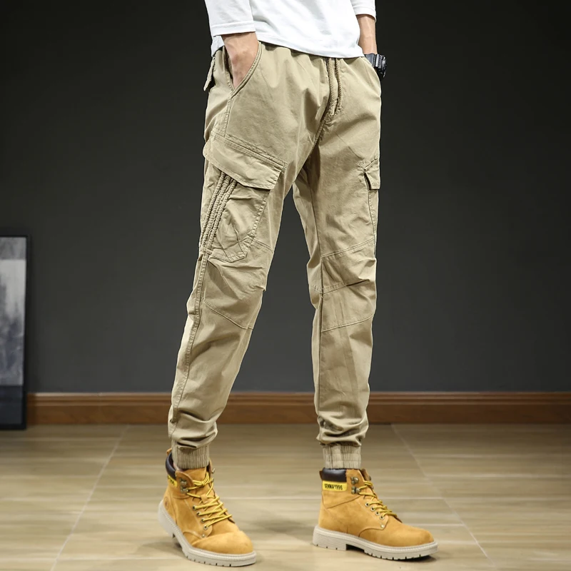 2024 New Men's Pocket Tie Feet Casual Work Wear Pants Slim Fit, Simple and Versatile Men's Sports Outdoor Japanese High Street 1