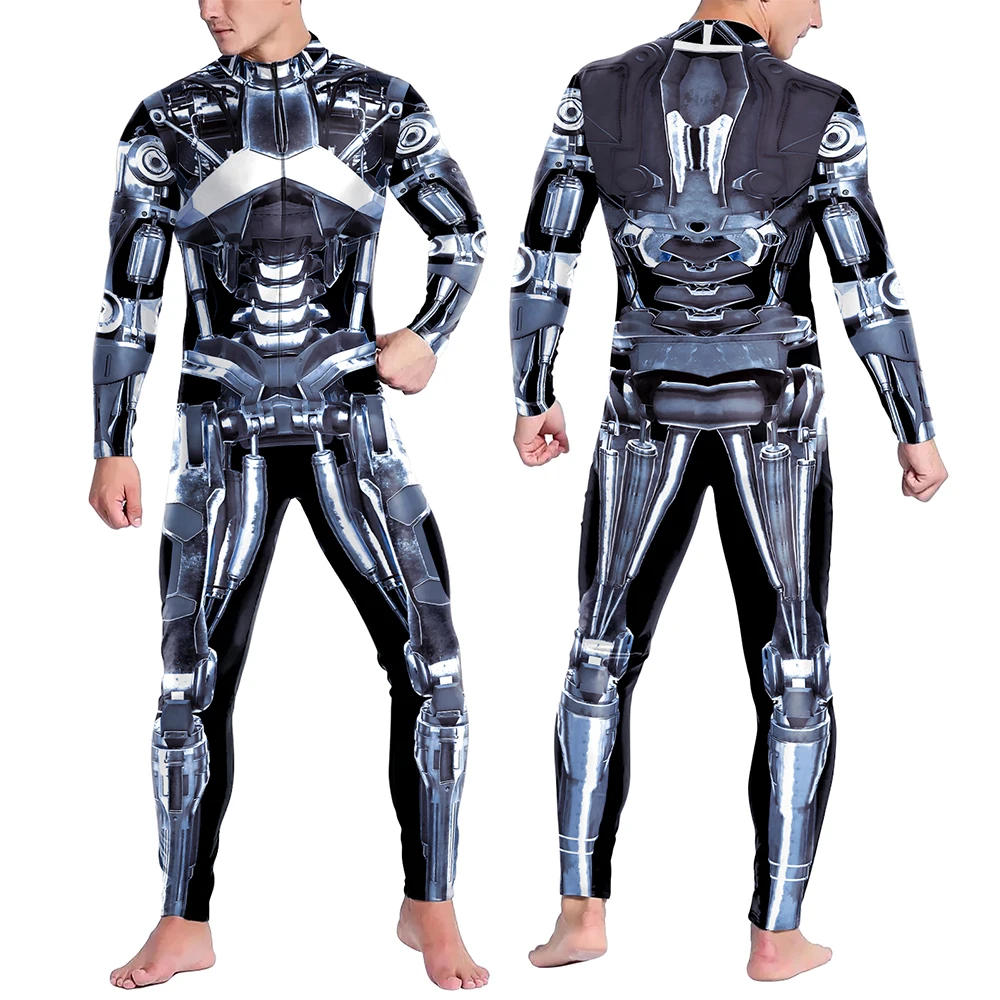 VIP FASHION Men Robot Skeleton Costume Fancy Bodysuit Front Zipper Cosplay Jumpsuit 3D Print Zentai Suit