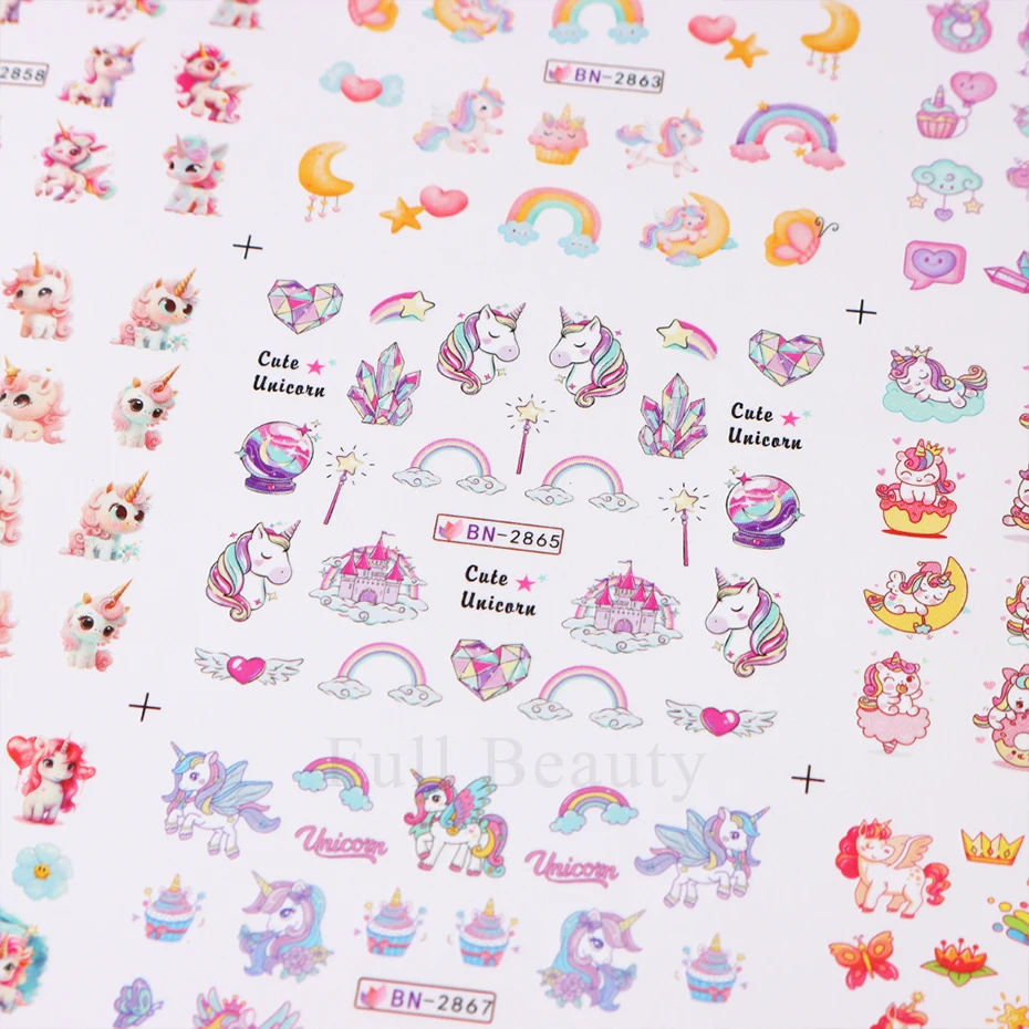 12 Designs Pink Unicorn Water Transfer Slider Rainbow Horse Ice Cream Heart Cartoon Anime Nail Sticker Polishing Nail Decoration nail stickers nail art decoration nail decals