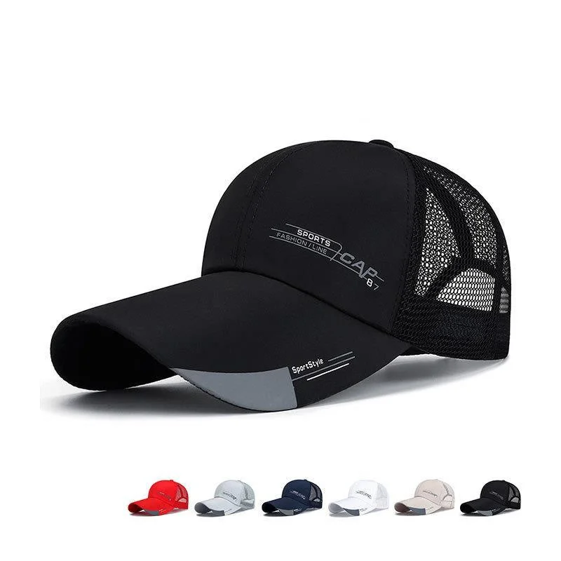 Breathable Mesh Summer Long Brim Sunshade Baseball Cap Men's Silk Printed Cap Half Mesh Big Brim Hat_voghion.com