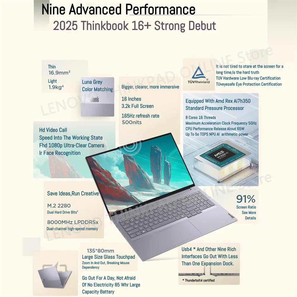 【2025 NEW】 Lenovo ThinkBook 16+ AI7 H 350/860M AI9-365/880M 3.2K 165Hz Screen 3