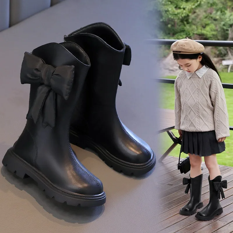 New Winter Girls Princess Cotton Boots Elegant Bowknot Children Causal Boots Fashion Black Versatile Kids Simple Mid-calf Boots 6
