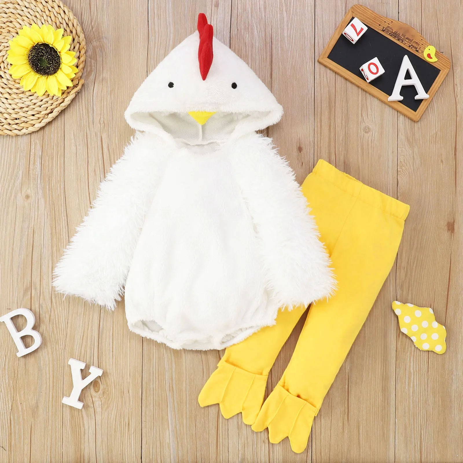 Infant Boys Girls Cosplay Chicken Animal Costume Fleece Hooded Romper Bodysuits Pants 2Pcs Outfits Cute Outfits for Baby Girls 2