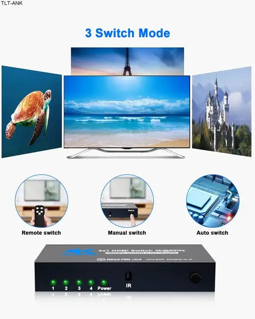 Переключатель HDMI 4K при 60 Гц, 4-портовый переключатель HDMI 2.0, селектор 4 в 1, переключатель HDMI с ИК-пультом дистанционного управления для PS4 Xbox Fire Stick PC 3