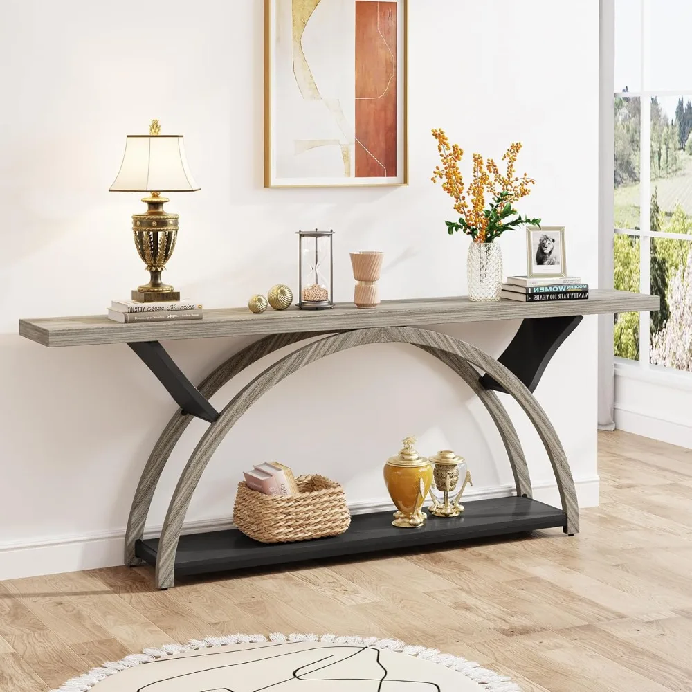 70.87" Console Table with Storage Shelf, Narrow Long Sofa Table Behind Couch Table, 2-Tier Rustic Entryway with Half Moon