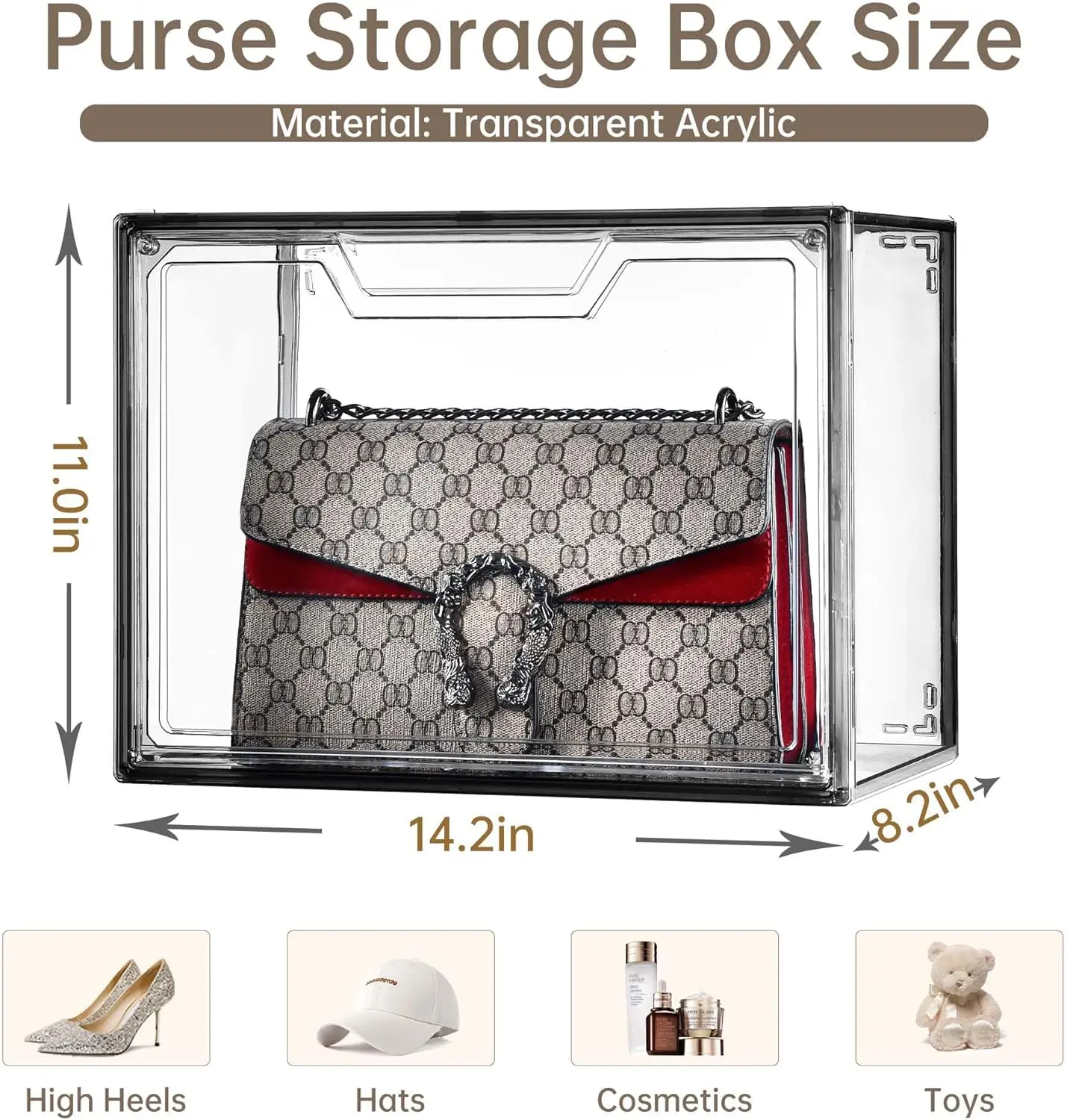 Purse Organizer for Closet,Clear Acrylic Display Case for Handbag Organizer, Purse Storage Box with Magnetic Door, Dustproof 3