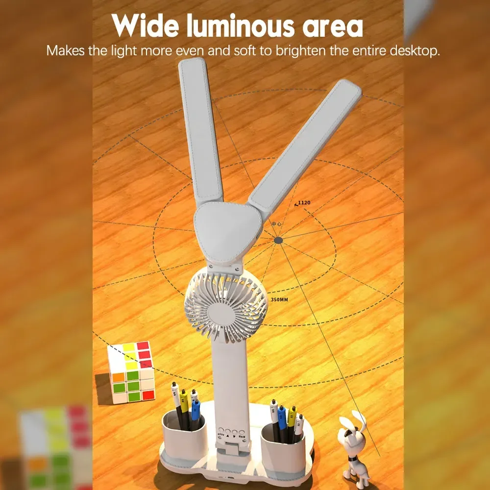 

Table Lamp with Fan for Student Studying LED Desk Lamp with Pen Holder Multifunctional Touch Night Light Rechargeable