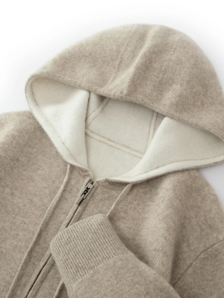 High Quality Autumn Winter Men Hooded Cashmere Sweater Long Sleeve Casual Loose 100% Merino Wool Cardigan Knitwear Clothing Tops 5