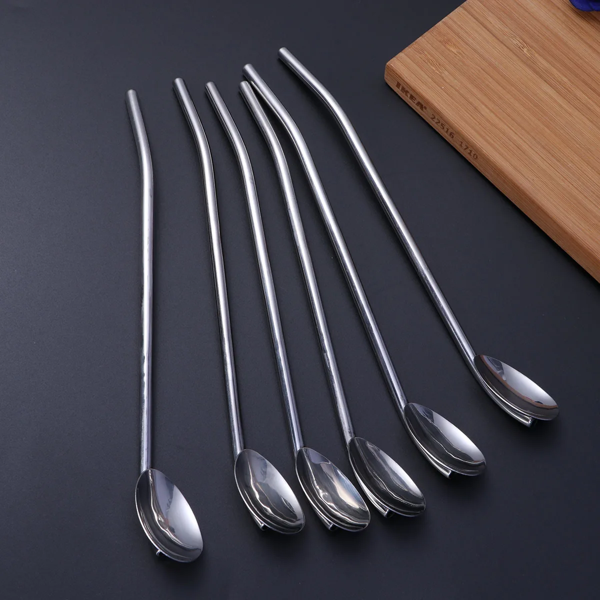 Reusable Stainless Steel Straw Spoon Metal Drinking Spoon Dessert Sugar Cocktail Bar Kitchen Dining Set