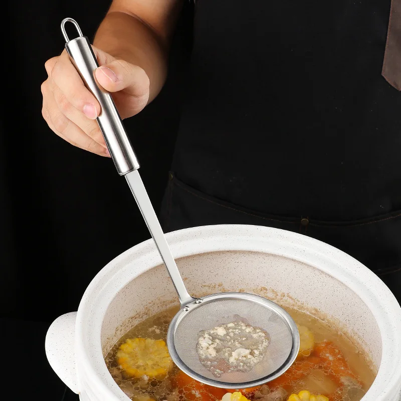 Stainless Steel Fine-Mesh Skimmer with Hanging Hole Extended Handle Multi-purpose Soup Oil Filter Kitchen Kitchen Novel Tools