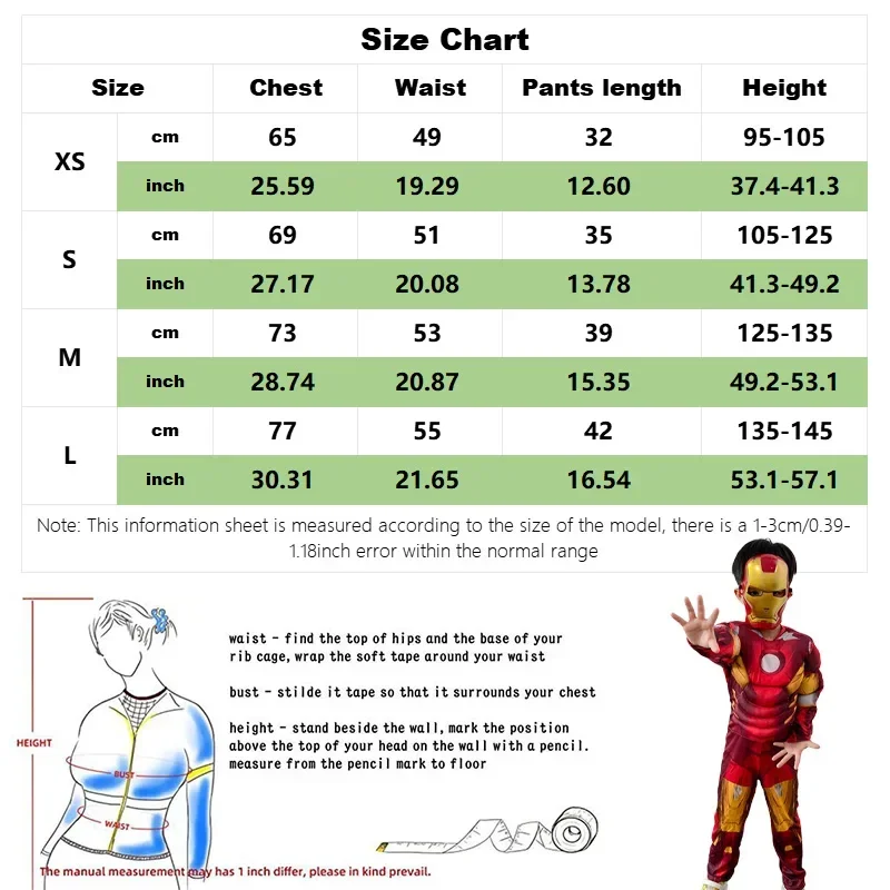 Kids Iron Man Muscle Costume Superhero Iron Man Cosplay Costume Jumpsuit Mask Gloves Halloween Birthday Bodysuit for Boy Gifts