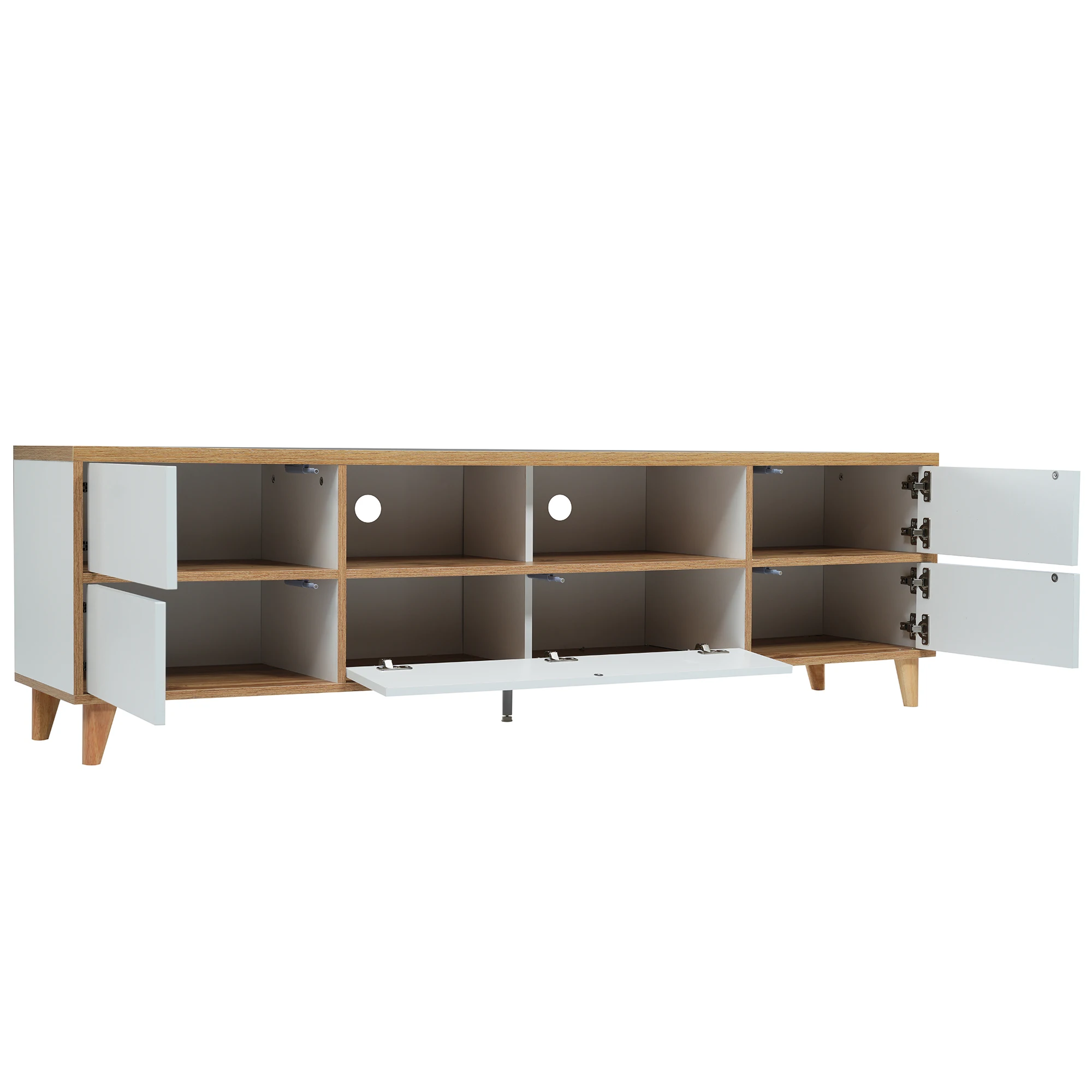 TV-Schrank, Lowboard, Wohnzimmermöbel in Weiß und Holztönen. Regale und Türen im natürlichen Landhausstil. – Detail 24