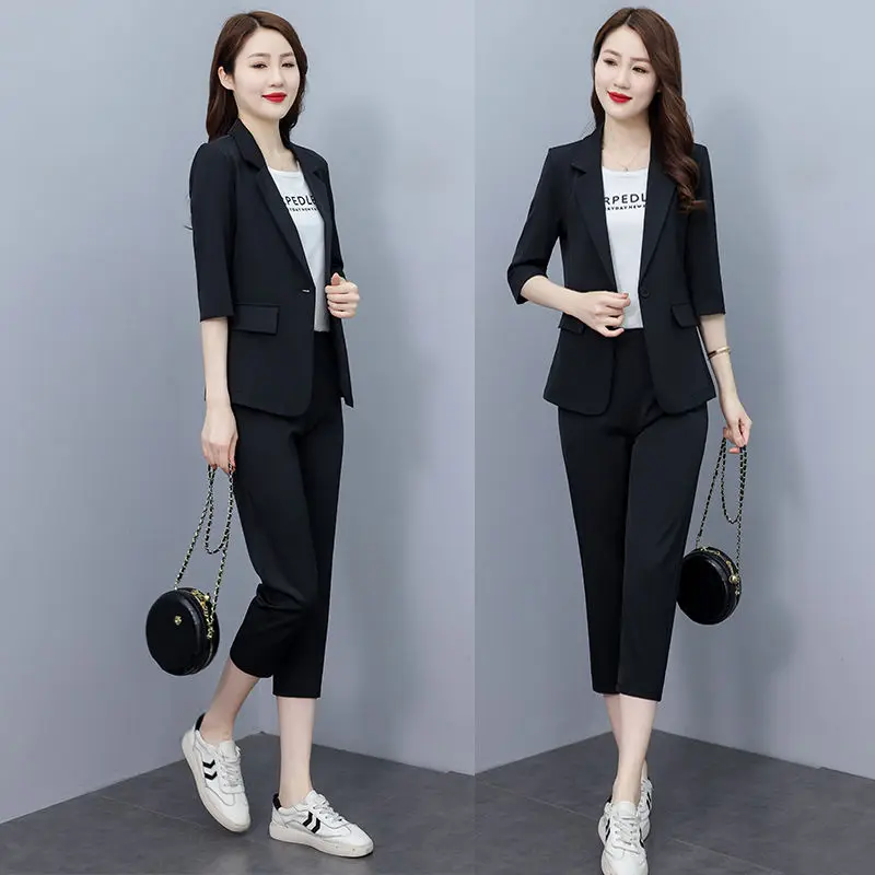 Korean Style Thin Jacket Blazer Casual Pencil Pants Two-piece Elegant Women's Pants Set Summer Office Outfits Clothing