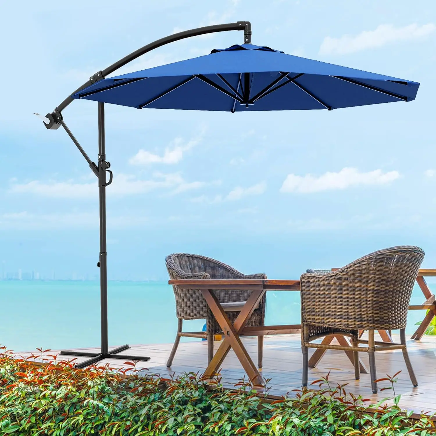 10FT Cantilever Patio Umbrella with Cross Base,Outdoor Offset Market Umbrella with Infinite Tilt &Crank Lift,Outside Umbrellas