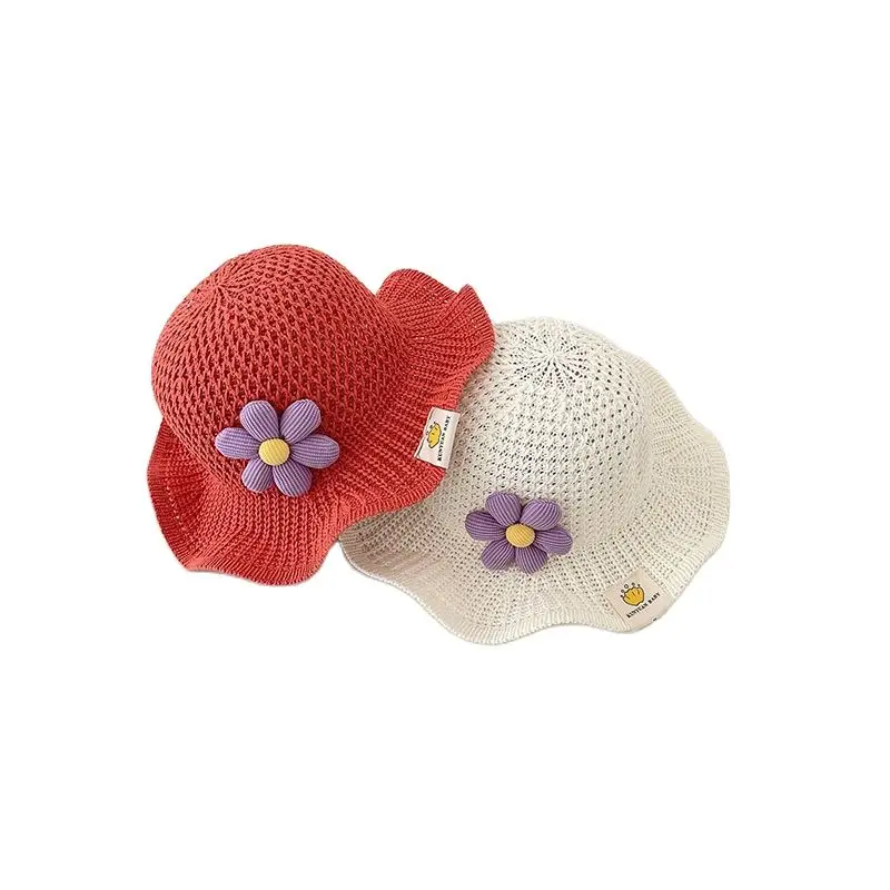 2023 New Summer Small Flower Wave Eaves Straw Hat for Girls Hollowed Out Breathable Dome Sunshade Cute Princess Sun Cap 1-3Y holiday style cute cherry grass weaving fisherman women s sunscreen hat summer beach sunshade straw hat dm11
