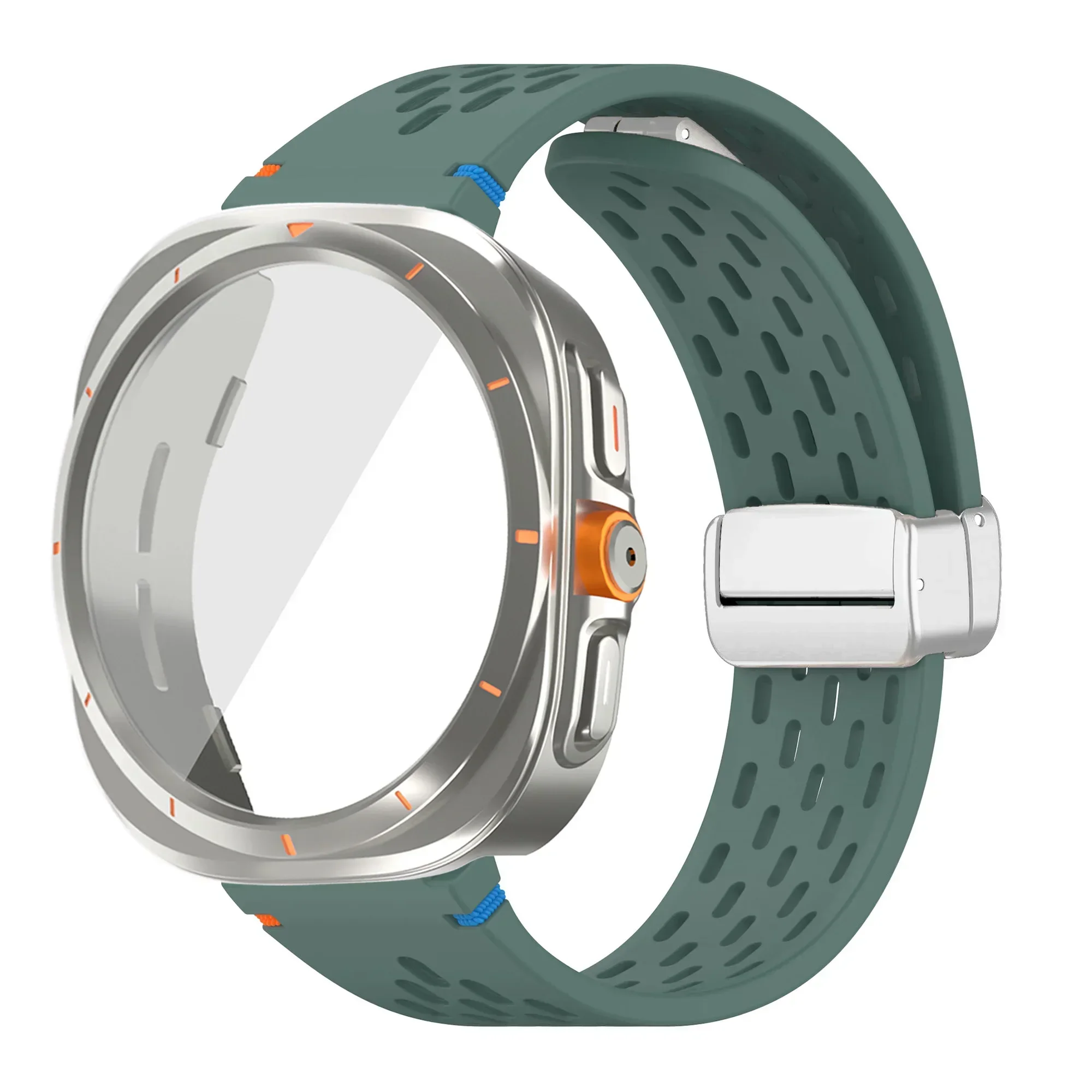 Silicone Magnetic Buckle Band with Tempered Glass Screen Protector and Case Strap